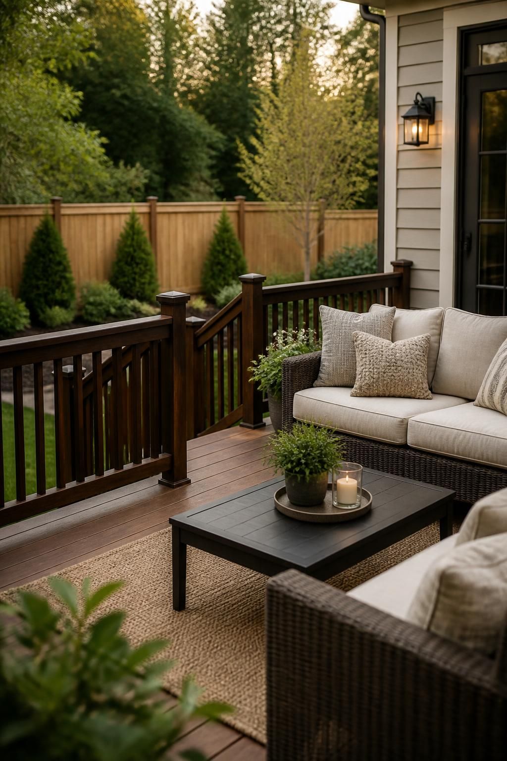 Finished deck with railing and seating beside a crafted backyard fence.