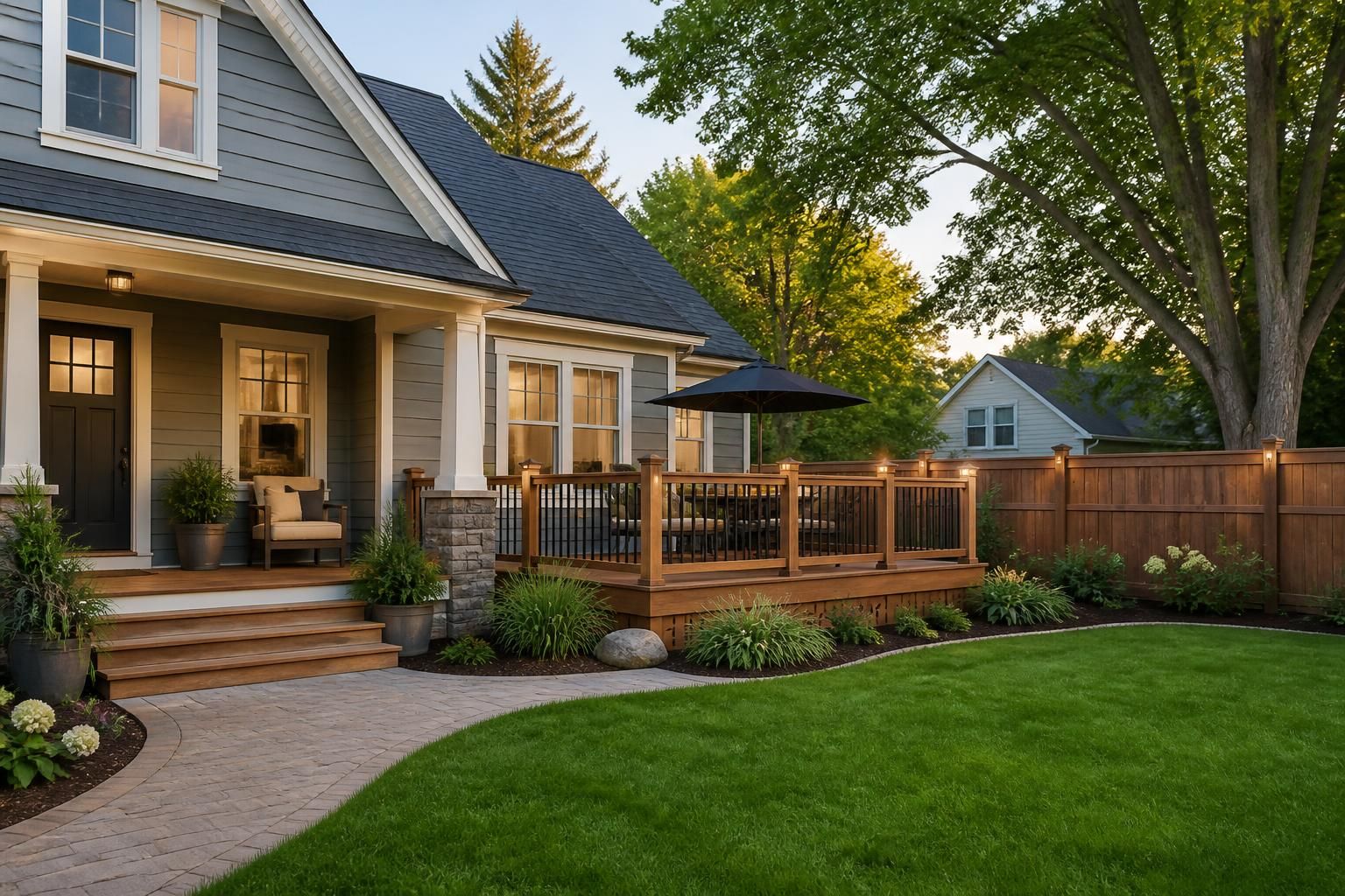 Charming home with a finished outdoor deck and landscaped yard.