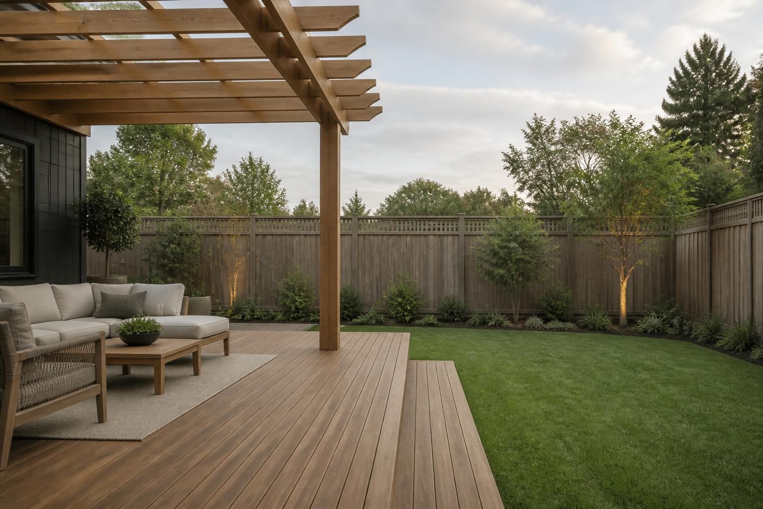 Finished backyard patio with deck, pergola, and clean fencing.