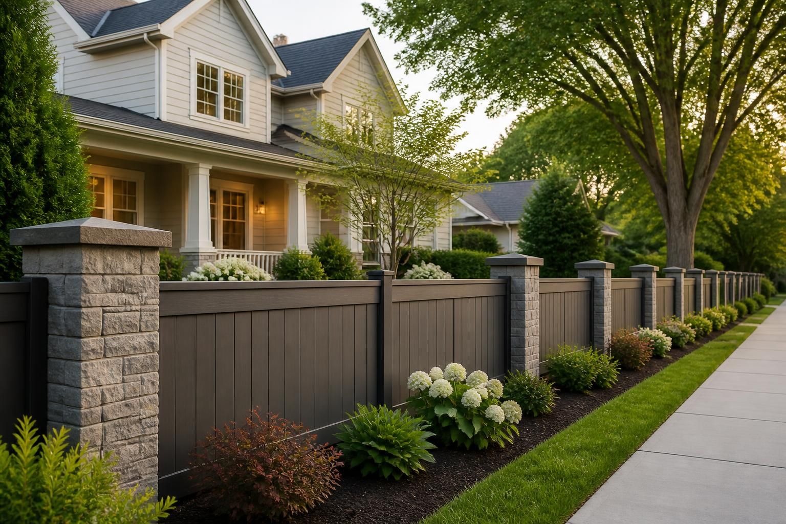 Suburban home with a neatly finished fence and landscaped yard.