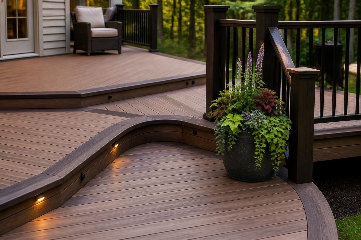 Finished custom wood deck with clean railings and board detail.