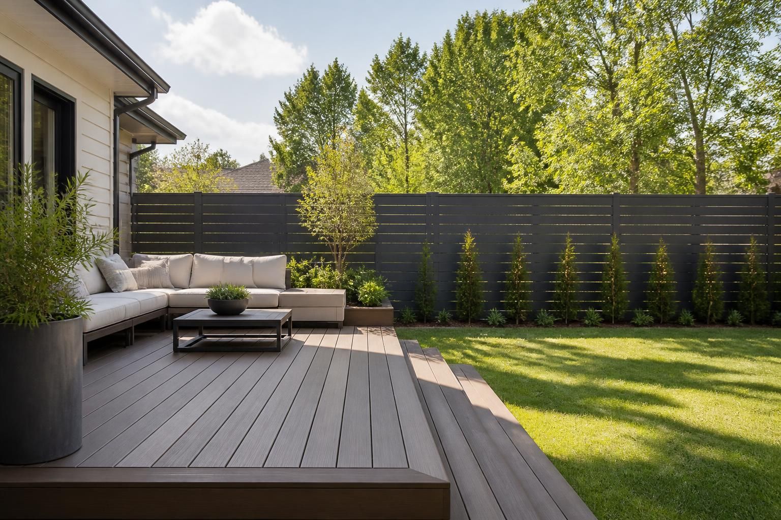 Finished custom deck and privacy fence in a bright suburban backyard.