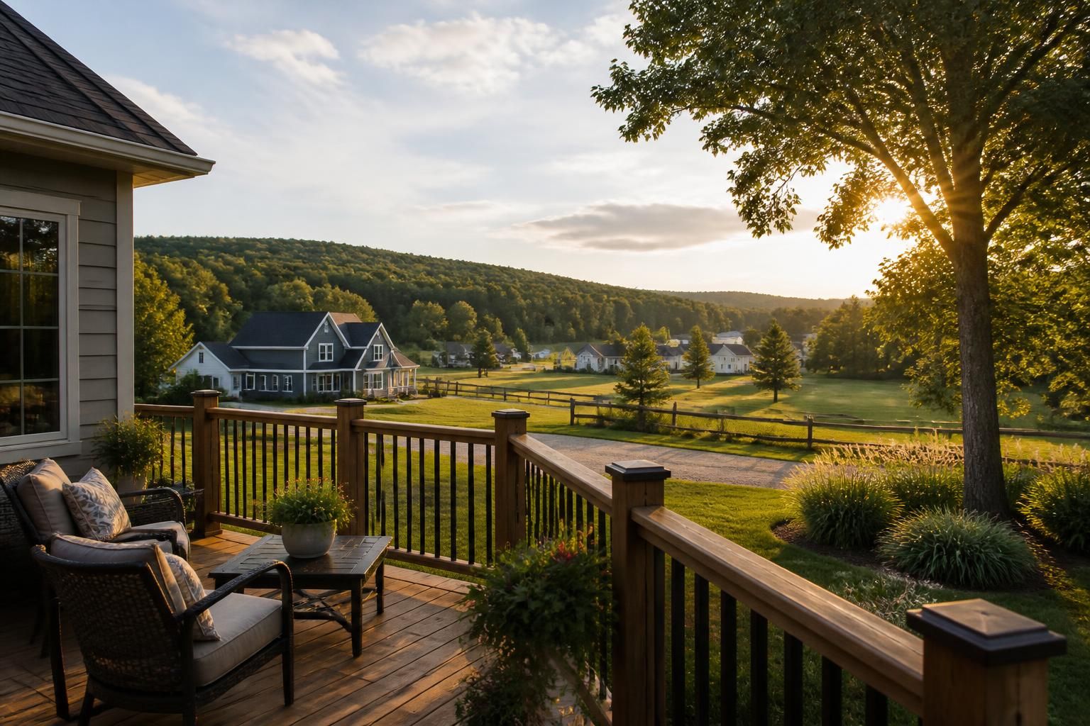 County landscape with homes and visible outdoor living spaces.