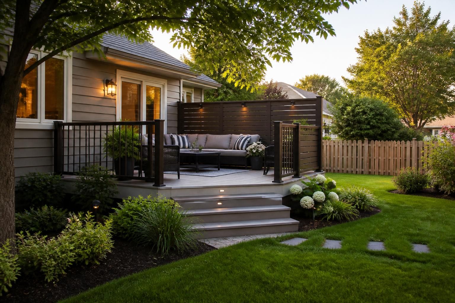 Small-town backyard with a finished deck and privacy screen.