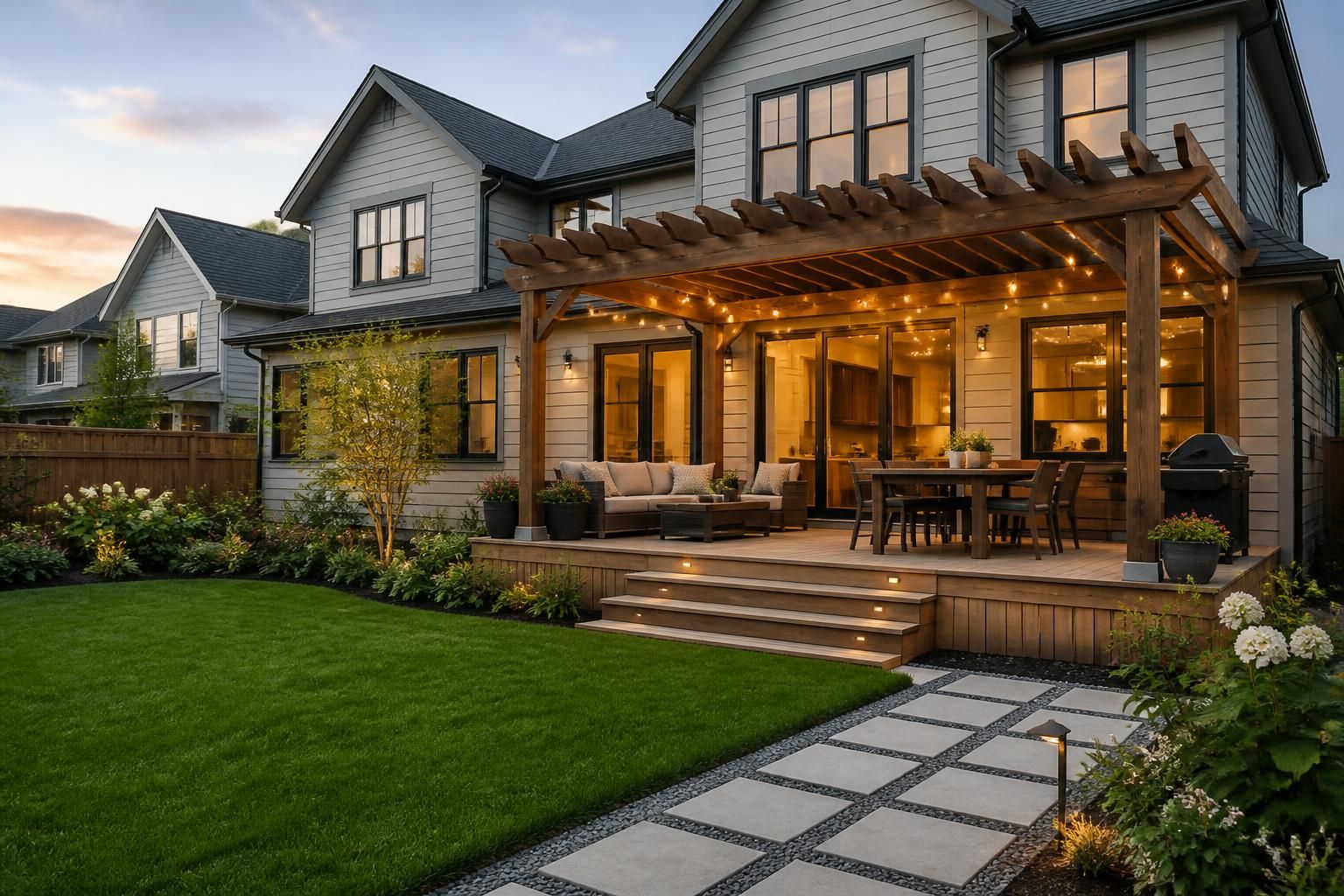 Modern home with a finished pergola visible in the backyard.