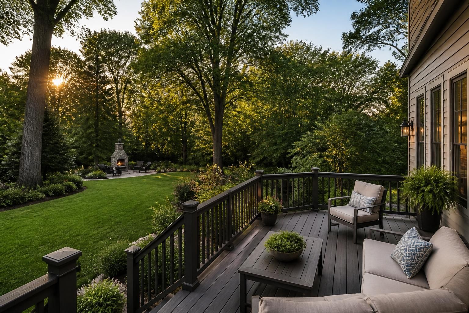 Spacious backyard with a finished deck and mature greenery.