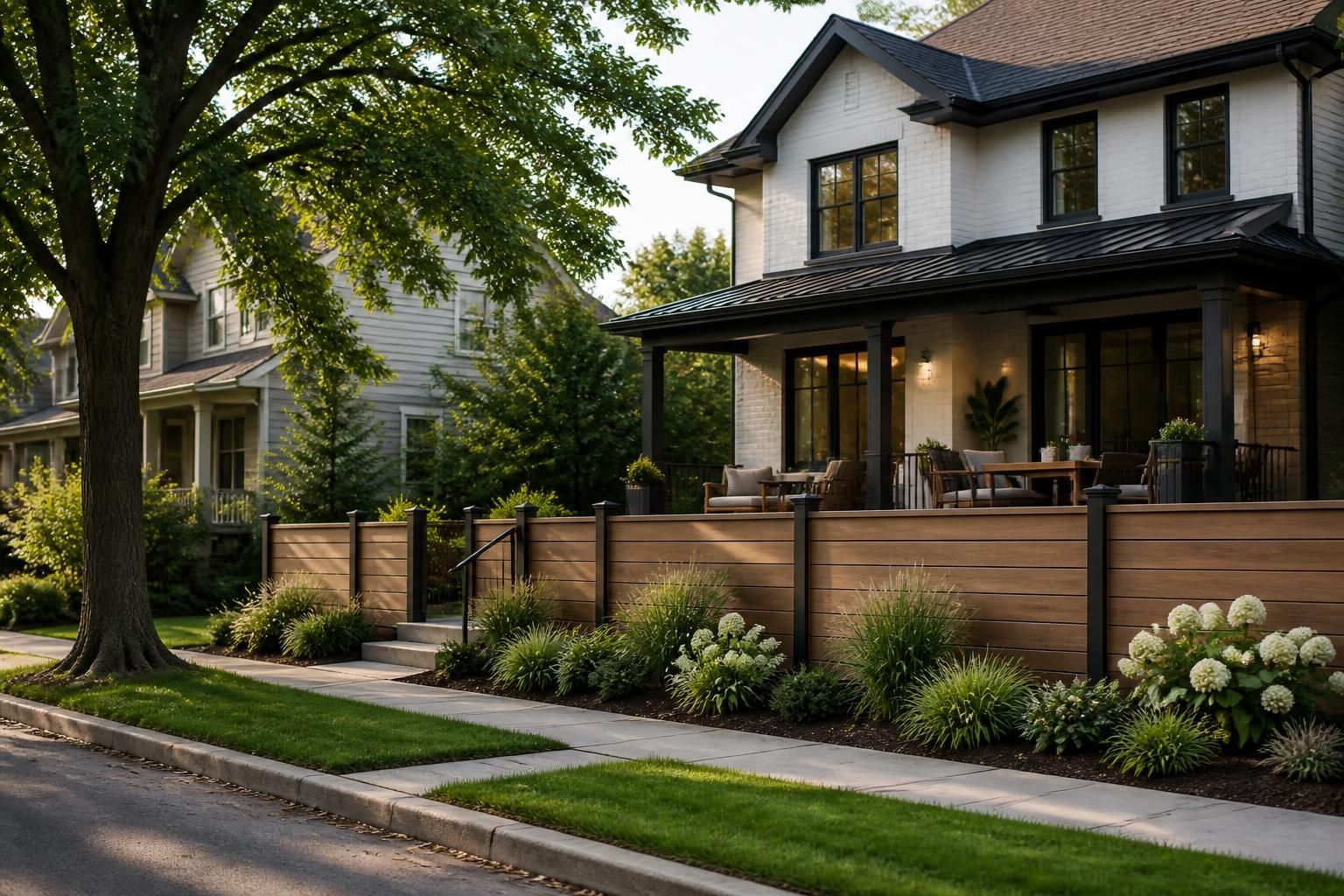 Residential streetscape with a finished fence and deck.