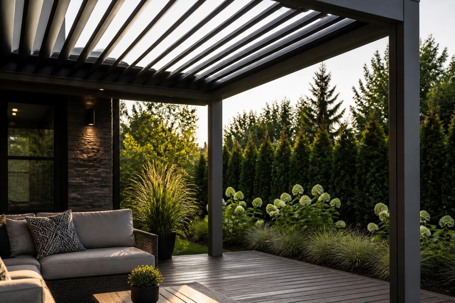 Modern pergola installed over a finished outdoor patio.