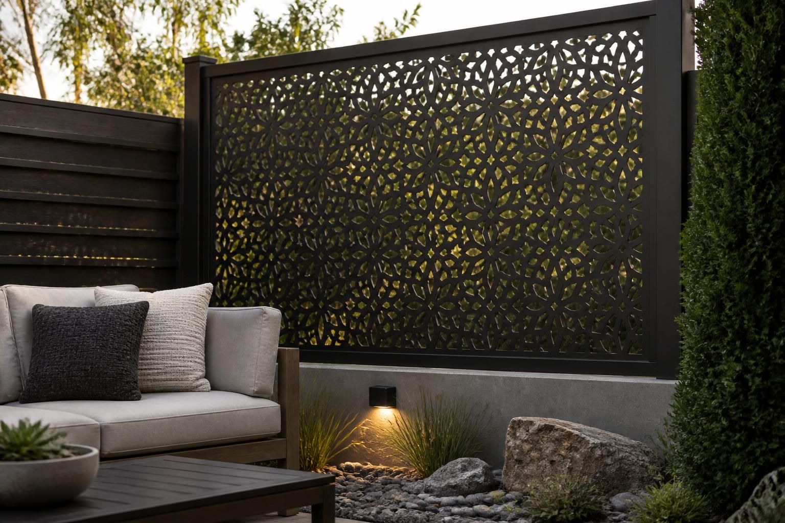 Decorative privacy screen in a finished backyard living space.