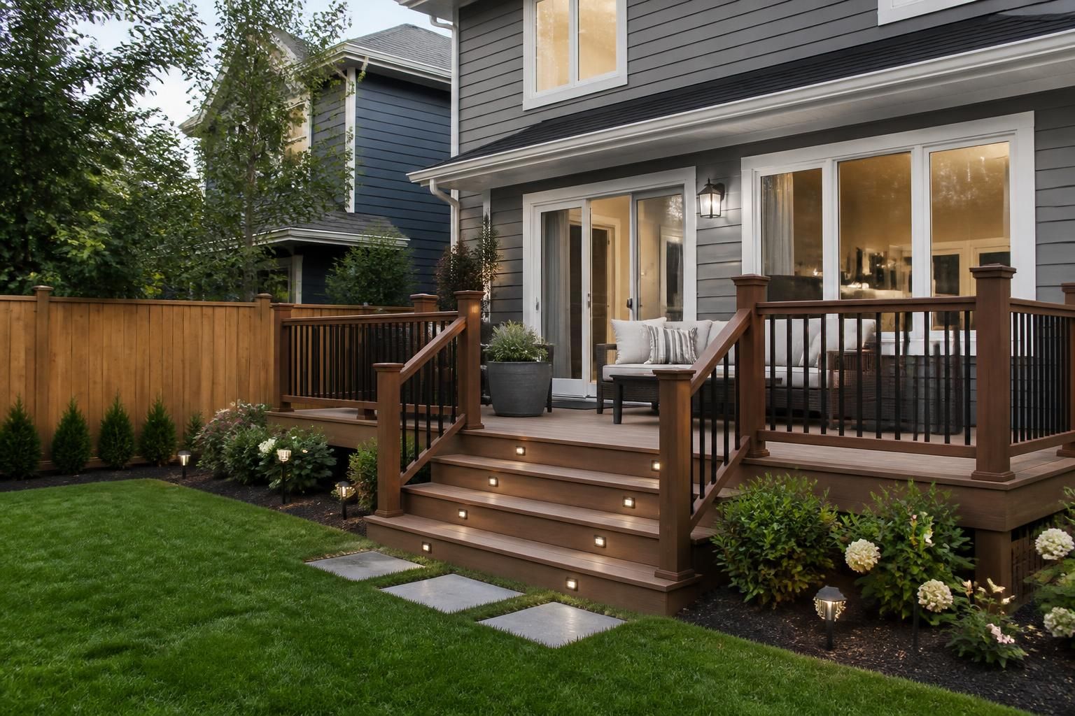 Modern home with a finished deck or fence in the backyard.