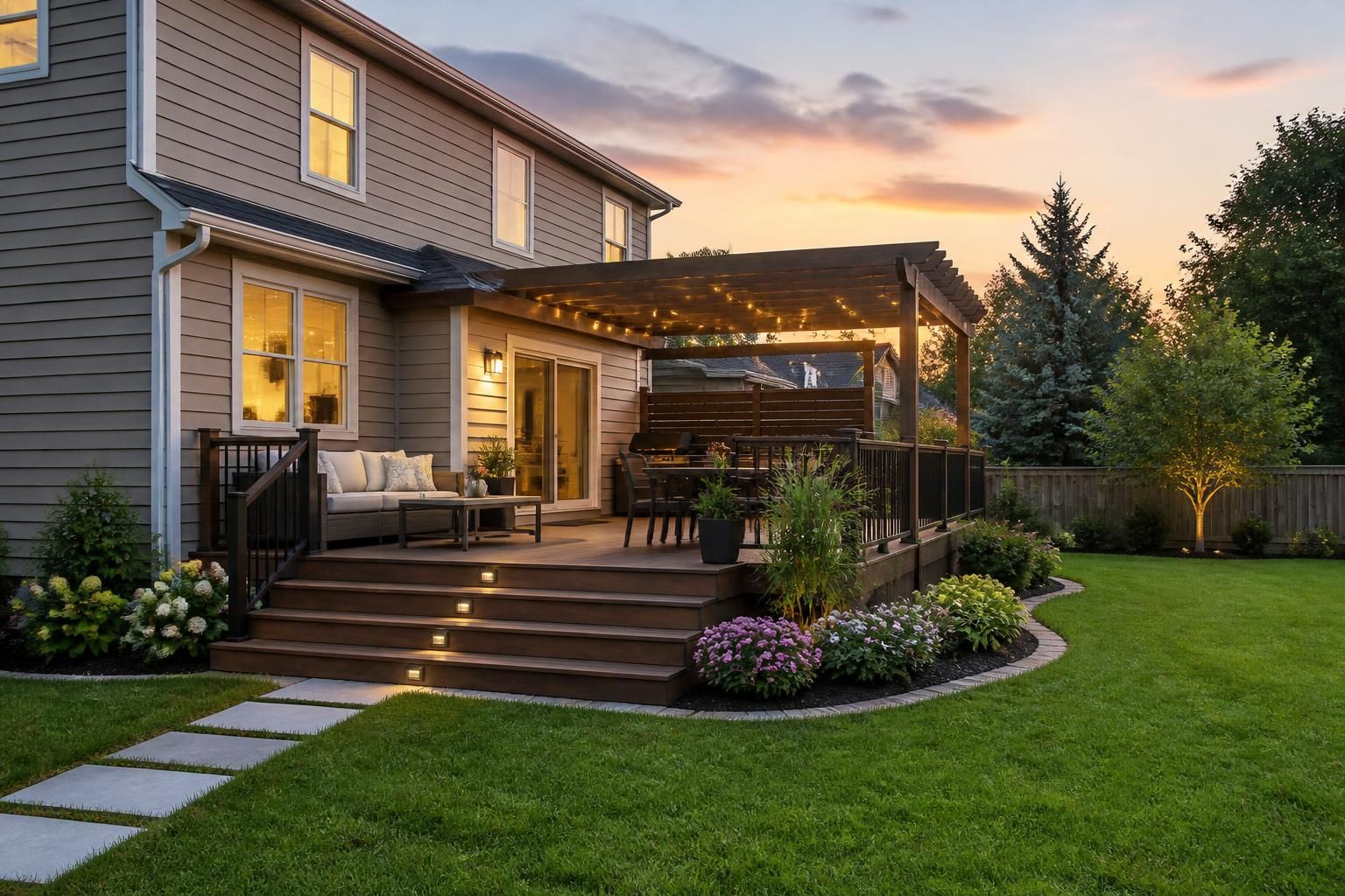 Suburban property with a neatly maintained backyard deck.