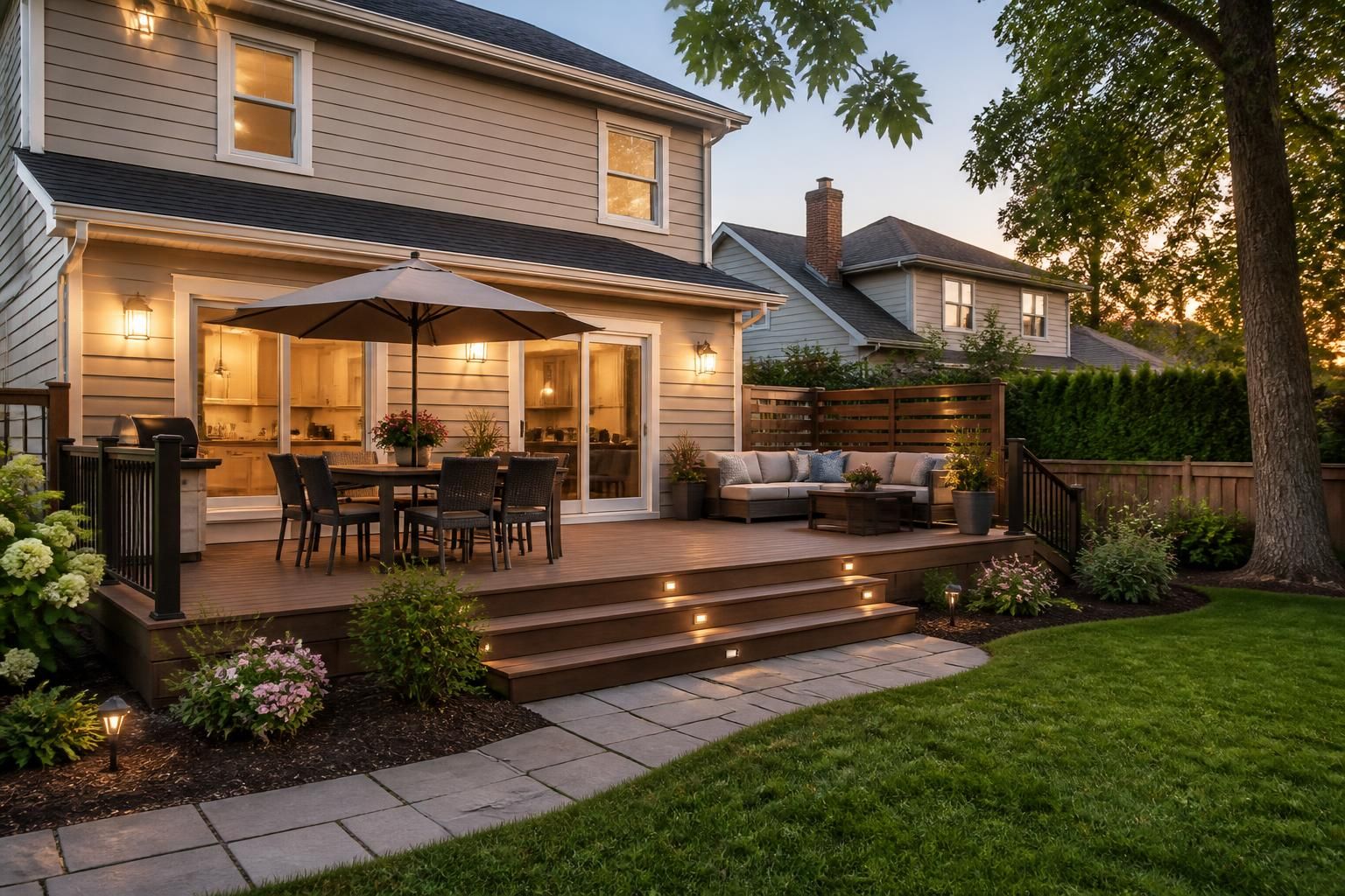 Welcoming neighborhood home with a finished backyard deck.